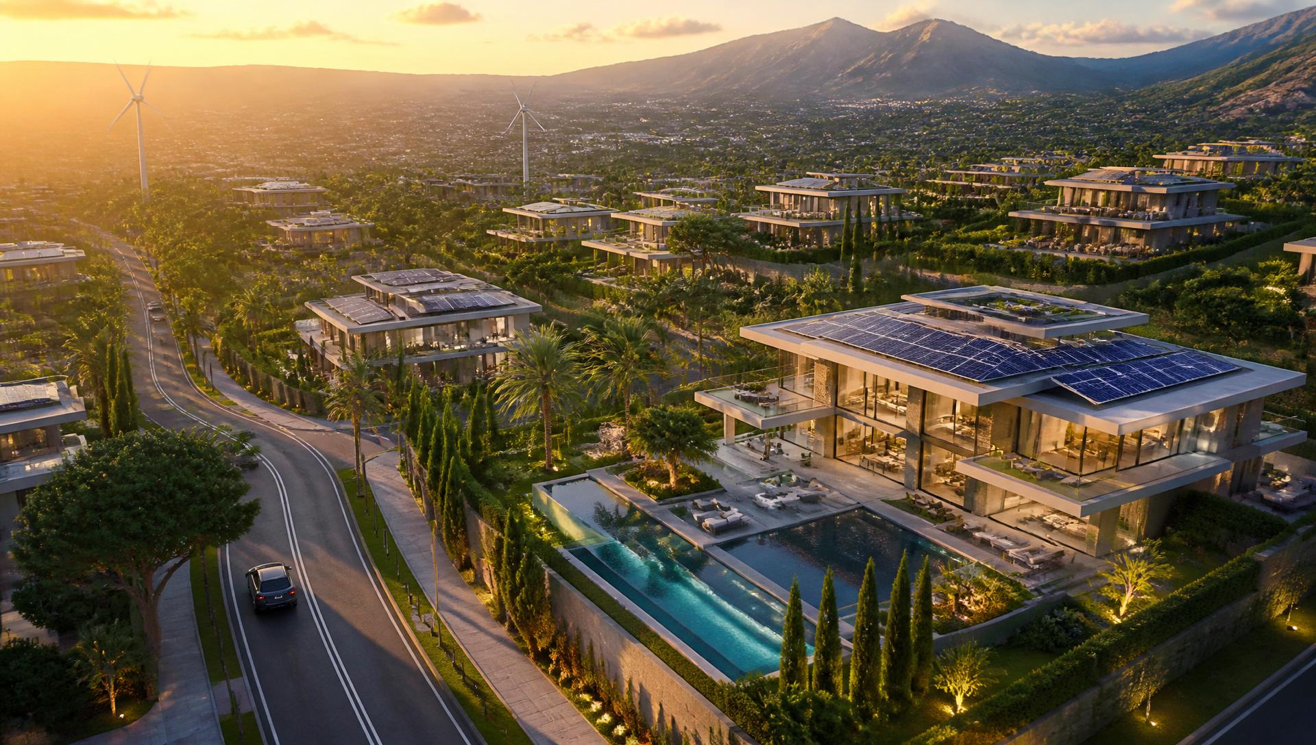 Energy communities with solar-powered homes at sunset